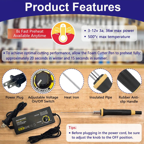 3 In 1 Hot Wire Foam Cutter Kit With Digital Voltage Controller, power plug, adjustable switch, insulated handle details
