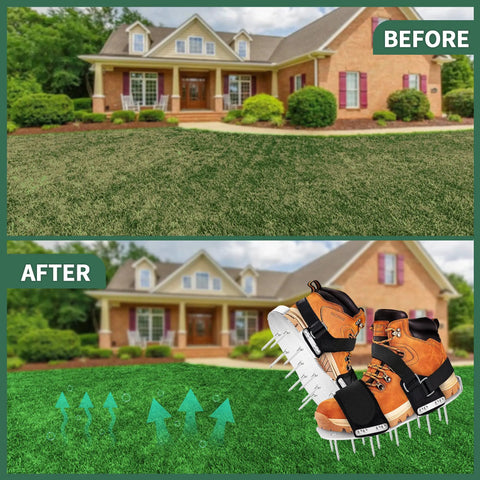 Before and after using 2026 Aluminum Alloy Base Plate Lawn Aerator Shoes With Adjustable Straps Preassembled Metal Spike Boots For Lawn Aeration Durable Easy To Use Heavy Duty Soles Ready To Roll Right Out Of The Box