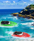 4 Pack Remote Control Boats For Kids And Adults racing near a rocky coast, showcasing green and red boats, 2.4G RC high speed 10 Km/h