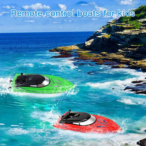 4 Pack Remote Control Boats For Kids And Adults racing near a rocky coast, showcasing green and red boats, 2.4G RC high speed 10 Km/h