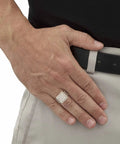 Premium Mens Platinum Plated Ring Featuring Princess Cut Cubic Zirconia Square Grid Ice Bling Hip Hop Drip 1.44 Carat worn on hand.