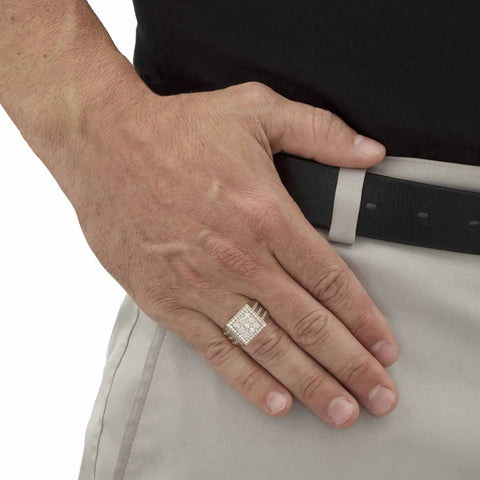 Premium Mens Platinum Plated Ring Featuring Princess Cut Cubic Zirconia Square Grid Ice Bling Hip Hop Drip 1.44 Carat worn on hand.