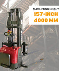 Industrial Grade Electric Straddle Stacker Rated For 3300 Lb Capacity With 157 Inch Lift showcasing a 157-inch lift height in a warehouse.