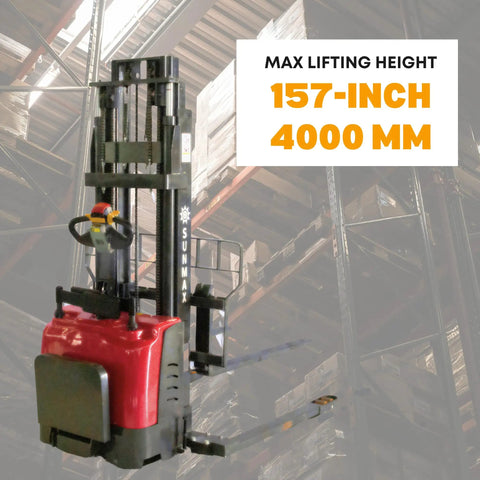 Industrial Grade Electric Straddle Stacker Rated For 3300 Lb Capacity With 157 Inch Lift showcasing a 157-inch lift height in a warehouse.
