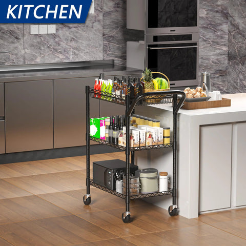 Three Tier Heavy Duty Rolling Utility Cart With Industrial Metal Frame And Handle Bar 18 In Deep By 23.8 In Wide By 36.6 In High Includes Shelf Liner 900 Lb Capacity Kitchen Black Ideal For Commercial Use In Kitchens Garages And Service Areas in a kitchen setting