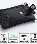 Ultra Slim RFID Blocking Wallet With ID Window And Lanyard, Water Resistant Zip Case, unisex black nylon, two zippered pockets