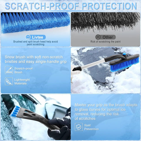 Comparison of 32 Inch Extendable Ice Scraper And Snow Brush For Cars And SUVs with non-scratch bristles and EVA grip on snow-covered car