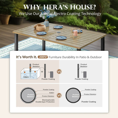 Outdoor Dining Table For 6 In A Rectangular Metal Patio Table With Umbrella Hole, Weatherproof Wood Like Steel Slat Top