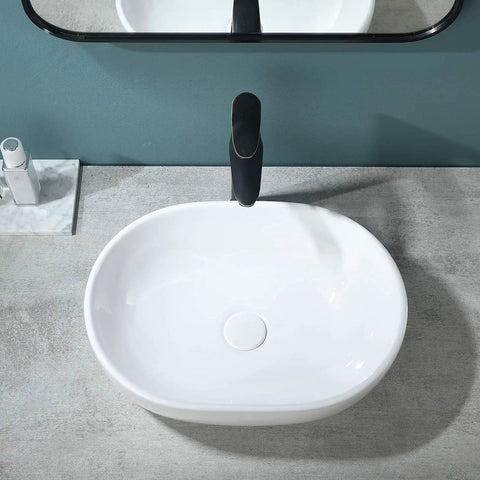 Oval Vessel Sink 19x14 Inches Ceramic Above Counter White Porcelain Modern Art Basin For Lavatory Vanity Cabinet Sleek Dope Look Durable White Glaze Easy Clean Contemporary Bathroom Fixture