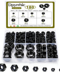 Black 304 Stainless Steel Lock Nuts Kit With Nylon Insert 180 Pcs Seven Metric Sizes M3 To M12 in clear box