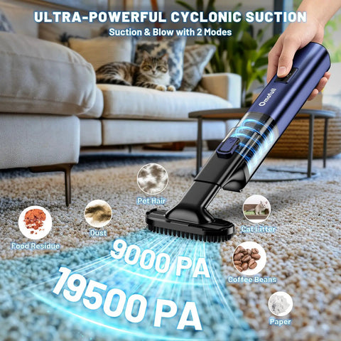 4 In 1 Cordless Car Vacuum, Portable Handheld Vacuum Cleaner And Air Duster with 19500 Pa suction cleaning pet hair on carpet