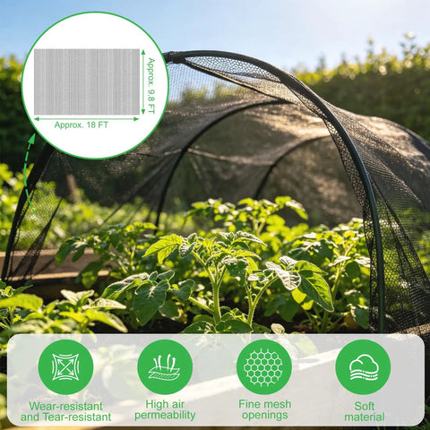 Sturdy Black Patio Mosquito Netting 9.8Ft By 18Ft Garden Mesh covering plants in a garden, protecting against insects.