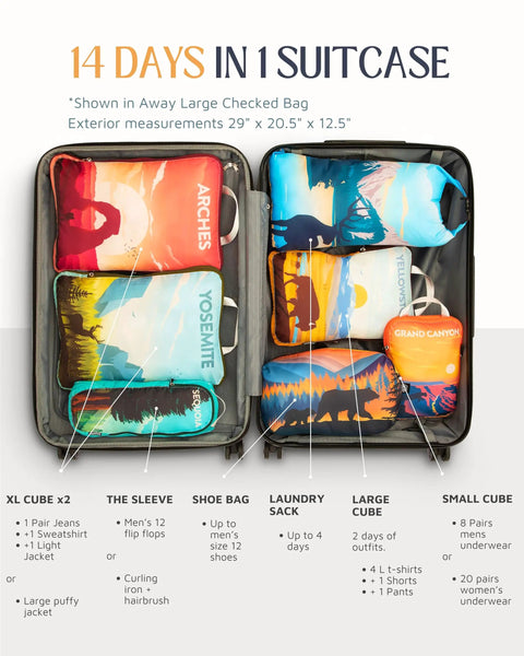 Slick Ultra Lightweight Compression Packing Cubes 7 Piece Set organized in open suitcase showing National Parks Edition designs