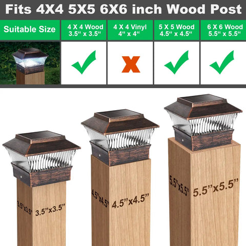Outdoor Solar Post Lights Led Deck Fence Cap Lighting For 3.5x3.5 To 6x6 Wood Posts Bronze Finish 4 Pack size guide