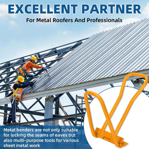 Roofers using Heavy Duty Standing Seam Roofing Tool With Drip Edge Folding For Pros Eaves Seam Locker on a metal roof