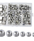 Bulletproof 100 Piece Self Clinching Nuts Kit Built From Tough 304 Stainless Steel With Nylon Insert Hex Lock Nuts arranged in a box.