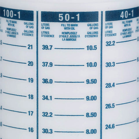 Wide Mouth One Quart Marine Fuel And Oil Mixing Bottle For Quick Precise Two Stroke Engine Ratios Like One Hundred To One Fifty To One Twenty Four To One And Ten To One With Clear Gallon And Liter Level Marks