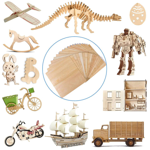 Basswood sheets 30-pack, 12x12x1/8 in, unfinished 3mm wood for laser cutting; collage of wooden crafts