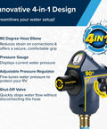 Tastepure 4-In-1 Adjustable RV Water Pressure Regulator With 90 Degree Hose Elbow, Built-In Pressure Gauge, Adjustable Regulator, And Shut-Off Valve For Safe, Flexible RV Water Hookups., blue RV water pressure regulator with gauge, 90° elbow, shut-off valve