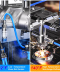 Blue Push To Connect Air Fittings Kit displaying 32°F and 140°F temperature resilience in industrial applications with sparks
