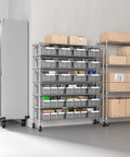 7-Tier NSF 21-Bin Steel Wire Shelving Rack With 48 W X 14 D X 56 H Gray Adjustable Leveling Feet Removable Gray Bins Beefy Heavy-Duty Garage and Workshop Storage Organizer on casters with bins and boxes