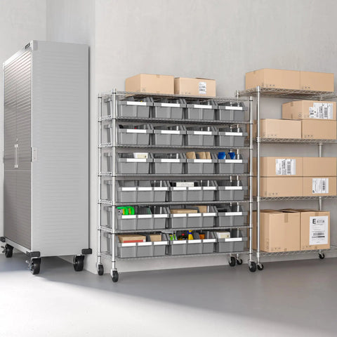 7-Tier NSF 21-Bin Steel Wire Shelving Rack With 48 W X 14 D X 56 H Gray Adjustable Leveling Feet Removable Gray Bins Beefy Heavy-Duty Garage and Workshop Storage Organizer on casters with bins and boxes