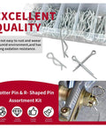 Everyday Cotter Pins Assortment Kit with stainless steel and zinc plated fasteners in divided case, R-shaped pin detail