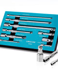 Heavy Duty Wobble Extension Set 9pc CrV Chrome Plated With EVA Storage Tray in blue tray, showcasing various drive extensions.