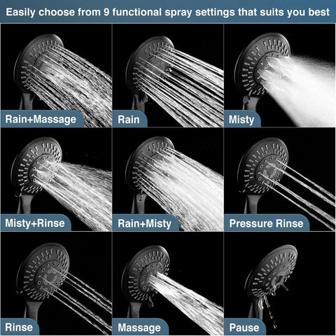 High Pressure Handheld Shower Head Kit With 9 Spray Settings, Oil Rubbed Bronze Finish showcasing various spray modes.