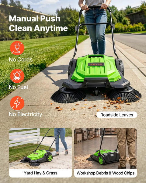 VEVOR Walk-Behind Floor Sweeper With 25.6 Inches Wide Brush And Big Waste Bin Perfect For Picking Up Leaves Grass And Debris From Yards Patios Garages No Battery Or Fuel Needed Super Easy To Push Around