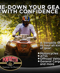 Person riding ATV in forest, showcasing versatility of Endless Ratchet Straps No Hooks 1 Inch by 4 Foot Easy Grip Light Duty Built Tough