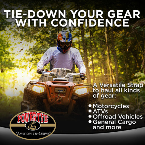 Person riding ATV in forest, showcasing versatility of Endless Ratchet Straps No Hooks 1 Inch by 4 Foot Easy Grip Light Duty Built Tough