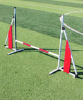 Adjustable Dog Agility Training Kit With Foldable Aluminum Obstacle Course on grass, height adjustable from 15cm to 65cm in pink.