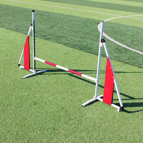 Adjustable Dog Agility Training Kit With Foldable Aluminum Obstacle Course on grass, height adjustable from 15cm to 65cm in pink.