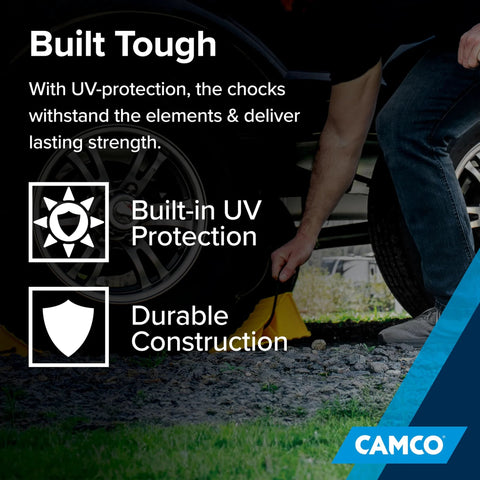 Camco Camper & RV wheel chock with rope, heavy‑duty hard plastic, 2‑pack