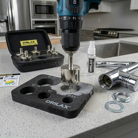 Diamond Hole Saw Set For Tile Glass Porcelain Granite 5 Piece Kit with foam guide cutting countertop near faucet hardware