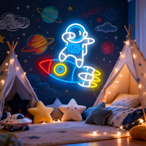 Dimmable Spaceman LED Neon Light With Transparent Backing Astronaut And Rockets Wall Art Space Room Decor For Teens
