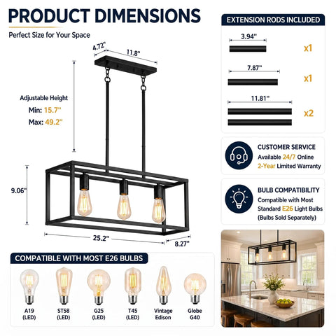 Black Industrial Kitchen Island Light With 3 Light Linear Cage Chandelier dimensions and bulb compatibility guide