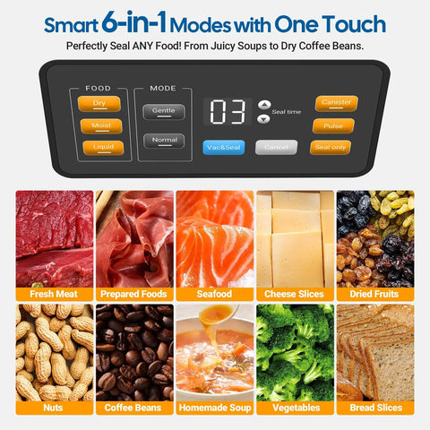 Control panel, food modes, and various foods for Powerful 160W Double Pump Vacuum Sealer Machine For Quick Food Preservation Auto Pro Seal