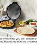 Open pizza oven with cooked pizza on countertop showcasing All In One Kitchen Powerhouse Everything Maker And Pizza Oven On Countertop With 1440W Power 12 Inch Nonstick Plates Makes Quesadillas Omelettes Pancakes And More Convenient Indicator Lights And Vertical Storage For Easy Cleanup