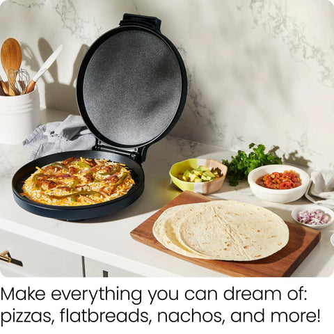 Open pizza oven with cooked pizza on countertop showcasing All In One Kitchen Powerhouse Everything Maker And Pizza Oven On Countertop With 1440W Power 12 Inch Nonstick Plates Makes Quesadillas Omelettes Pancakes And More Convenient Indicator Lights And Vertical Storage For Easy Cleanup