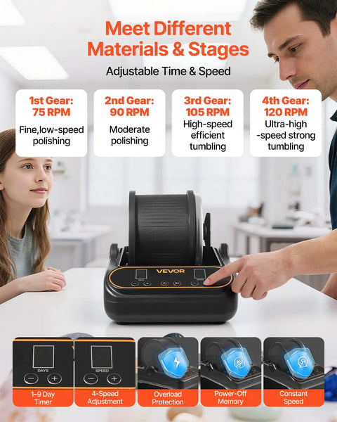 Pro Grade Rock Tumbler Kit 3 Lb Capacity With Four Speeds shown with settings display and two people discussing its features
