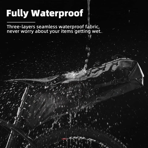Adjustable 14L Waterproof Bikepacking Saddle Bag For Road And Mountain Bikes With Roll Top Closure Foldable Design in rain