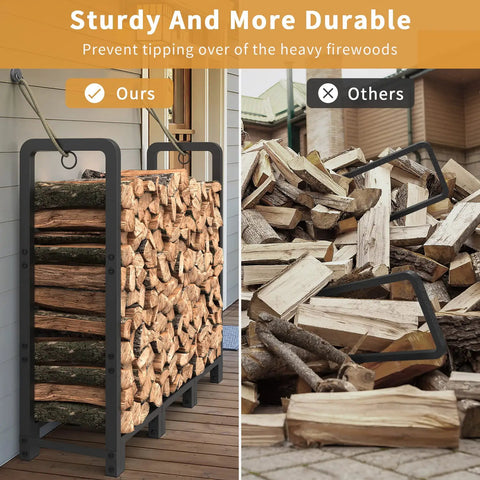 Heavy Duty Adjustable Firewood Rack For Indoor Outdoor Use Four Foot Long Wood Storage Stand Holds Up To 2600 Pounds Upgraded Firewood Holder showing sturdiness comparison