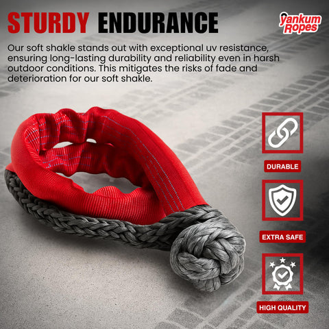 Heavy Duty Synthetic Recovery Soft Shackle With Red Chafe Sleeve Seven Sixteenth Inch Diameter MBS 45,500 Lbs For Off Road Vehicle Towing And Recovery Gear Made In USA, showcasing durability and safety features.
