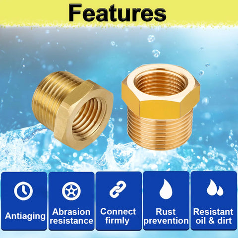 2x brass reducer hex bushings, 3/4 MNPT to 1/4 FNPT, heavy-duty threaded pipe fittings