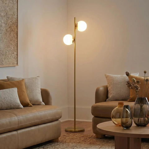 Sphere Floor Lamp With Two Glass Globes, Mid Century Modern Pole Light For Living Room, Bright LED Standing Lamp For Bedroom And Office With Cozy Vibes, Contemporary Decor In Gold Antique Brass Finish, Echo Compatible