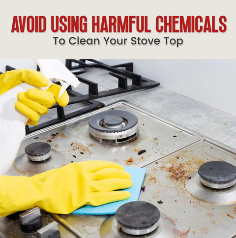 Person cleaning stove top with sponge avoiding chemicals, highlighting need for Heavy Duty Aluminum Gas Stove Burner Covers 50 Pack Disposable Stove Top Liners For Mess Free Heat Resistant Spill Proof Protection Easy Cleanup Stove Top Shields For Gas Burners And Cooktop.