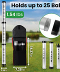 Dimensions of telescopic golf ball retriever kit shown with 3-piece design, detachable rod, holder, and bag for practice and easy storage.