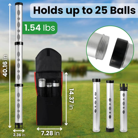 Dimensions of telescopic golf ball retriever kit shown with 3-piece design, detachable rod, holder, and bag for practice and easy storage.
